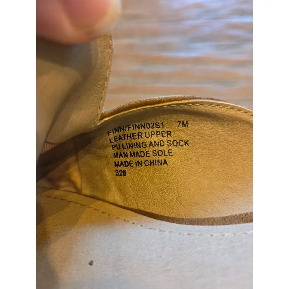 Steve Madden tan micro-suede mules, gold chain accent, size 7M